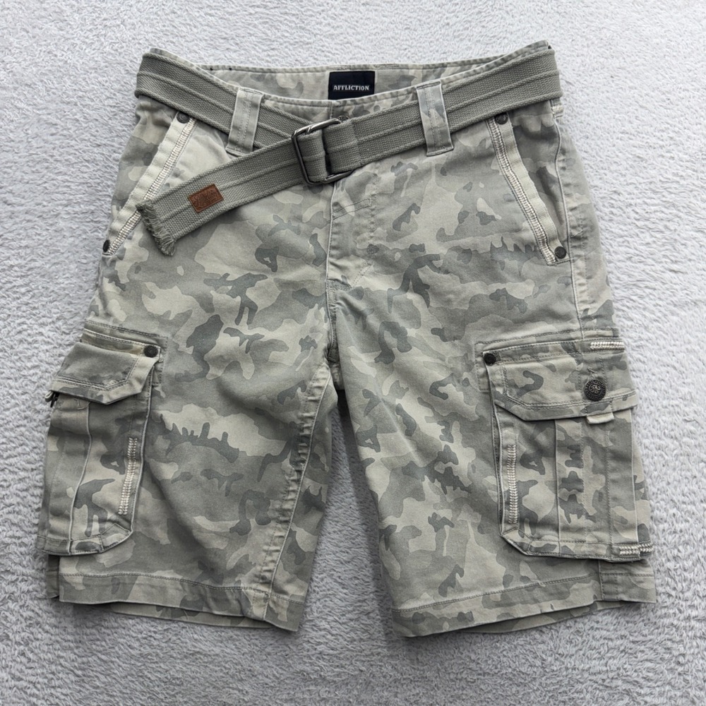 Affliction Mens Grey Camo Cargo Shorts Size 32 Y2K Grunge Tactical with Belt